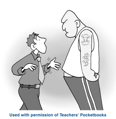 cartoon of aggressive parent with teacher